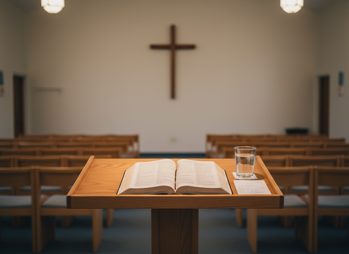 A quiet, reverent church interior focused on a simple wooden pulpit with an open Bible placed neatly at the center, a glass of water beside it, and a small stack of sermon notes partially visible. The background reveals blurred rows of empty chairs and a cross mounted on a clean, light-colored wall. Soft, warm overhead lighting pools gently around the pulpit, leaving the edges of the room in softer focus. Captured from a slightly low angle to give subtle prominence to the pulpit and Scriptures, the photographic realism and restrained color palette create a mood of seriousness, clarity, and faithful proclamation of the gospel.