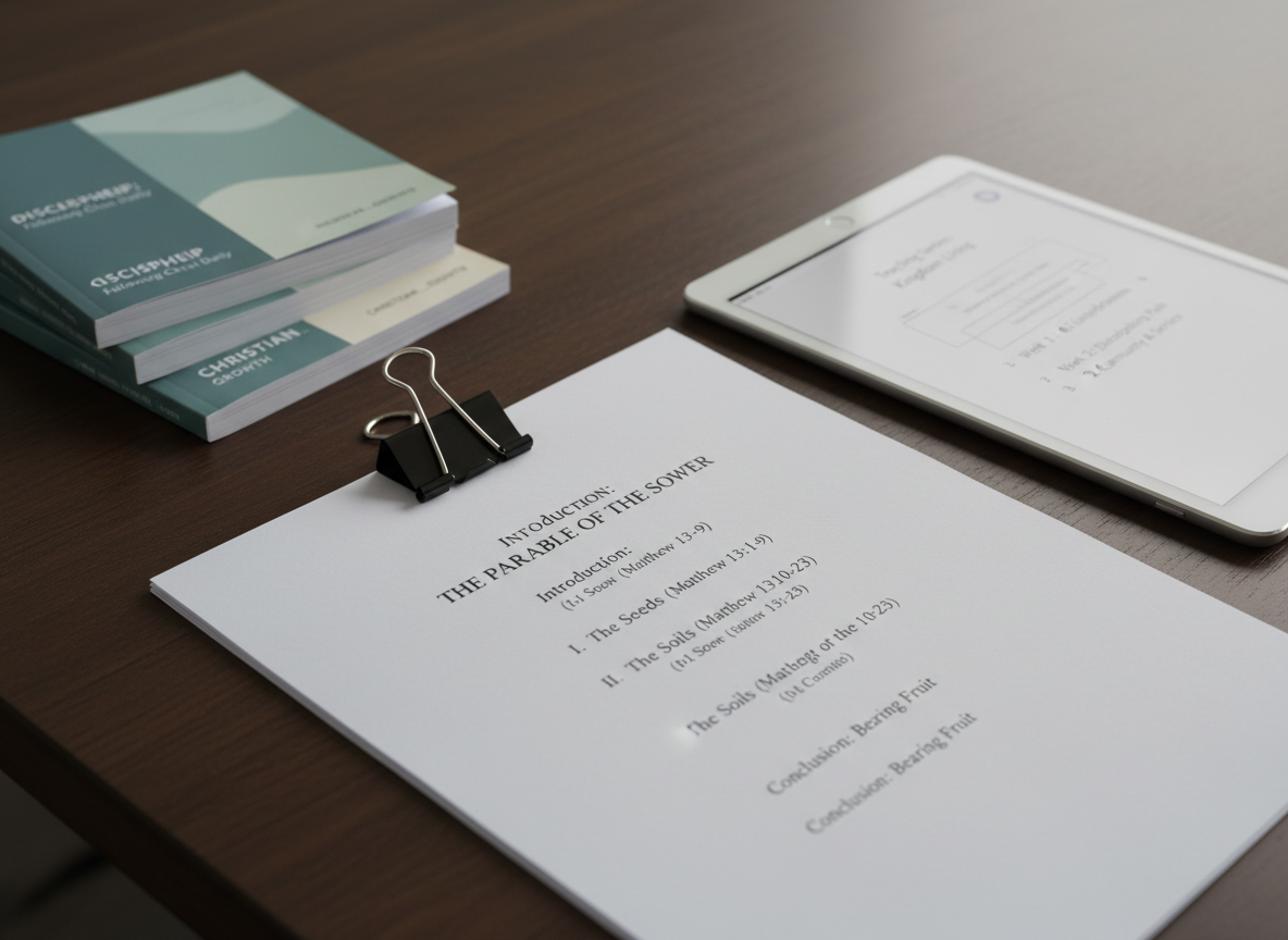 A close-up of a tidy sermon preparation scene: a printed sermon manuscript with carefully formatted headings and Scripture references, clipped together with a black binder clip, lies on a dark wood table. Beside it is a slim tablet displaying an outline of a teaching series, and a small stack of curriculum booklets with clean, modern cover designs mentioning topics like discipleship and gospel foundations. Soft, diffused overcast light from above eliminates harsh shadows, creating an even, contemplative mood. Captured from a slightly diagonal overhead angle with shallow depth of field, the focus rests on the sermon title while the surrounding elements gently blur, emphasizing intentional Christian teaching and organized resource development.