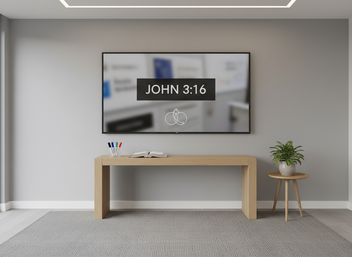 A clean digital-age teaching environment featuring a large wall-mounted screen displaying a blurred slide with a Scripture reference and simple diagram, set above a modest wooden console table holding an open Bible and a few organized marker pens. The room has light gray walls, a subtle textured rug, and a small side table with a potted plant, suggesting a modern, multi-purpose gathering space. Soft, indirect LED lighting from the ceiling blends with mild natural daylight from an unseen window, creating even illumination. Photographed from eye level with sharp focus and a slight wide-angle composition, the scene conveys contemporary Christian discipleship, blending biblical faithfulness with accessible, modern tools.