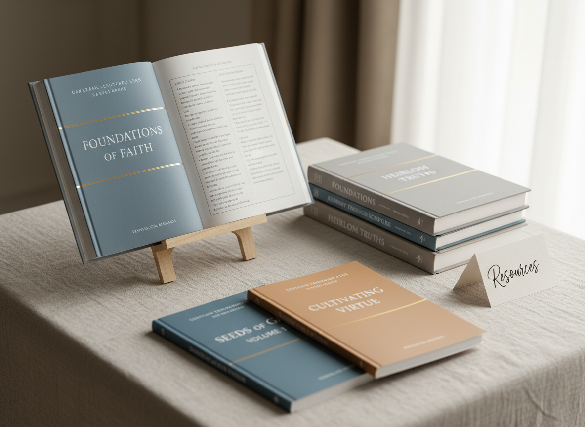 A neatly arranged product display on a light linen-covered table featuring several Christian books and curriculum workbooks, each with refined, typographic covers in a cohesive palette of soft blues, warm grays, and off-whites. A simple wooden stand lifts one open book to show structured chapter headings and marginal notes. A small card with the word "Resources" in elegant lettering rests nearby. Gentle window light from the right creates soft highlights on the matte covers and a few subtle shadows on the linen texture. Photographed at a three-quarter angle with moderate depth of field, the scene feels professional, trustworthy, and inviting, ideal for showcasing gospel-centered resources available for purchase and download.