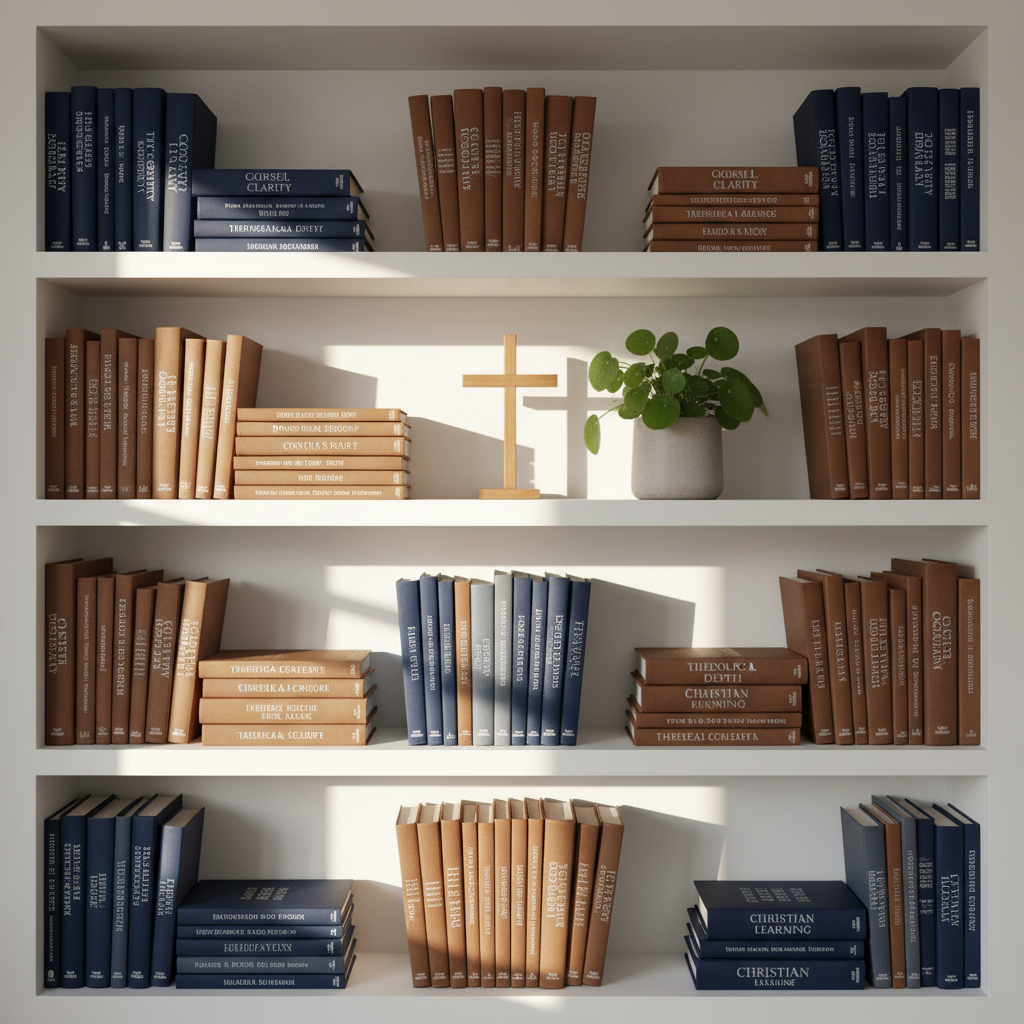 A minimalist white bookshelf filled with carefully arranged theological books, each with muted, sophisticated covers in deep navy, earthy brown, and soft gray, some standing upright and others stacked horizontally. A single, simple wooden cross stands on one shelf beside a small, leafy green plant in a matte ceramic pot. Natural afternoon light streams from the left, creating subtle highlights on the book spines and gentle shadows between shelves. Photographed straight-on with sharp focus throughout and a balanced, centered composition, the scene feels calm, professional, and intellectually inviting, embodying a space dedicated to gospel clarity, theological depth, and serious Christian learning.