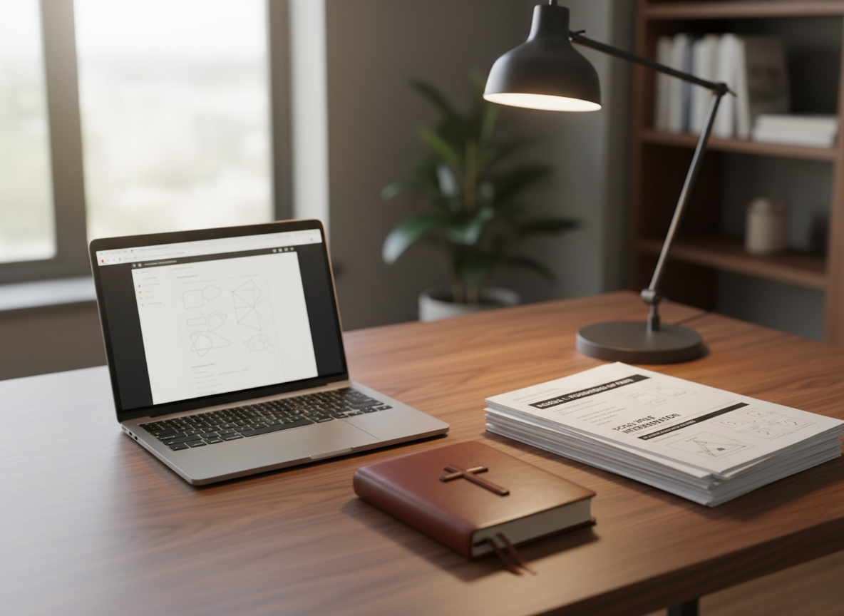 A sleek modern workspace featuring a slim, silver laptop displaying a blurred Bible software interface, set on a clean walnut desk alongside a leather-bound journal and a neatly arranged stack of printed curriculum pages with visible headings and diagrams. A simple metal desk lamp casts warm, focused light across the papers, while faint daylight from a nearby window softens the overall contrast. Shot from a slightly elevated angle with moderate depth of field, the foreground materials are sharp while the background transitions into a subtle blur. The photographic realism, neutral colors, and uncluttered composition convey professional Christian teaching, digital discipleship, and thoughtful resource development.