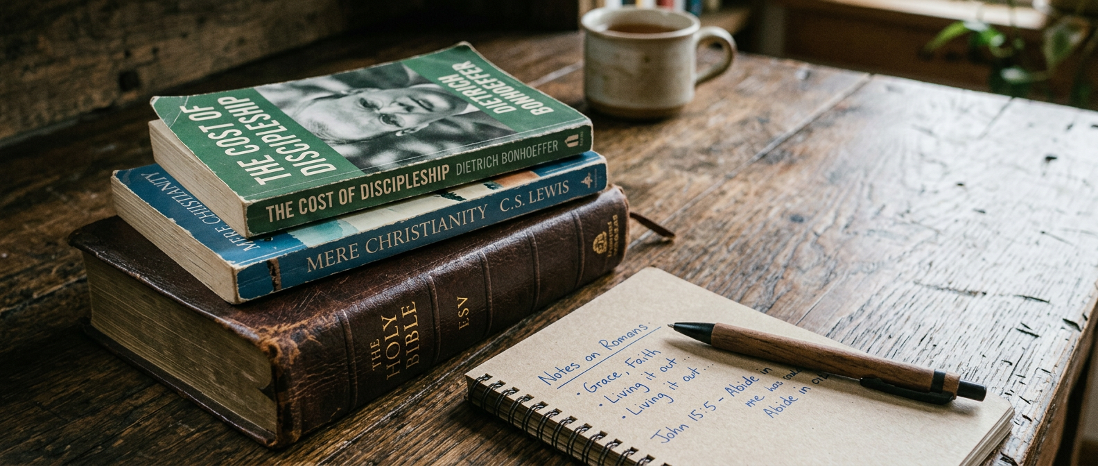 Stack of Christian books, including The Holy Bible, a notebook with religious study notes, pen, and tea cup on wooden desk